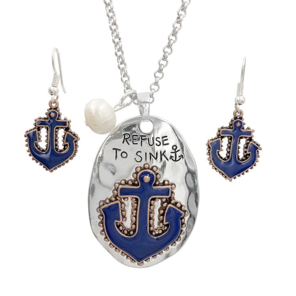 Refuse To Sink Anchor Long Necklace Earrings Set